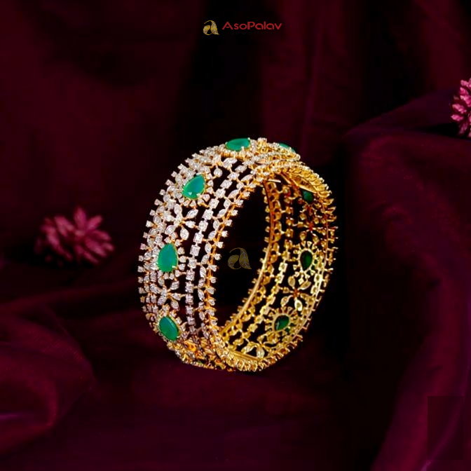 18K Diamond Bangles with Floral Charm & Green Colour Stones